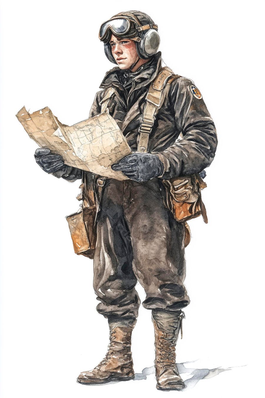 Jovem piloto militar caucasiano com capacete e óculos lendo mapa antigo aquarela