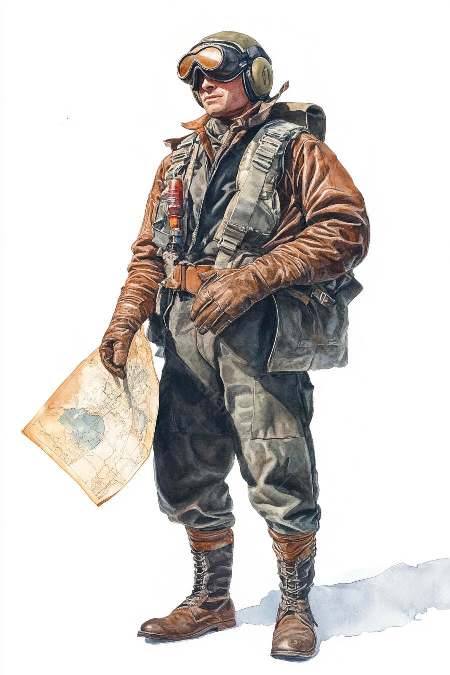 Piloto aviador caucasiano em jaqueta de couro marrom com mapa em ilustração vintage