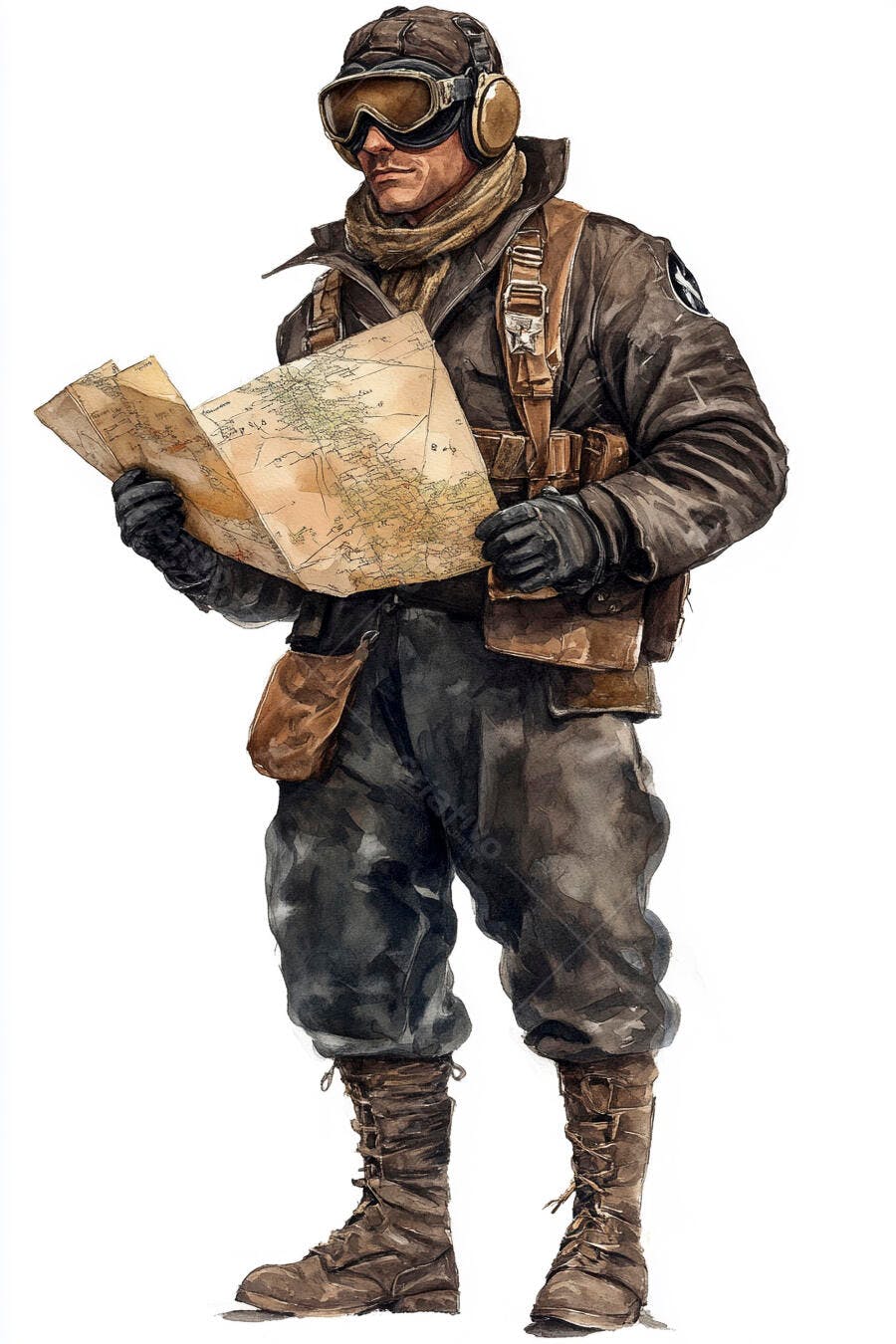 Aviador caucasiano em uniforme marrom com óculos e mapa vintage