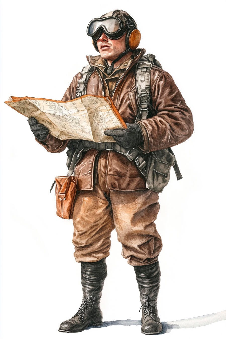 Homem piloto aviador caucasiano em uniforme marrom lendo mapa de navegação