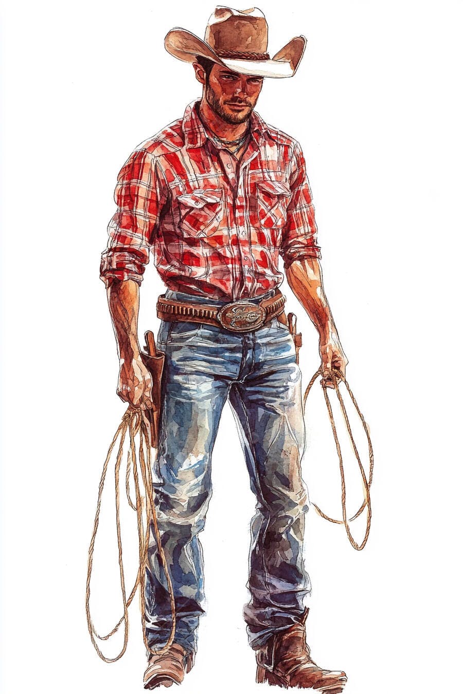 Cowboy de chapéu marrom e camisa xadrez vermelha segurando laço com expressão séria