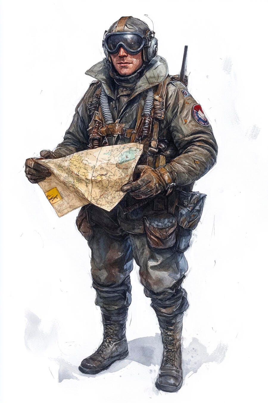 Aviador caucasiano em uniforme tático segurando mapa de navegação