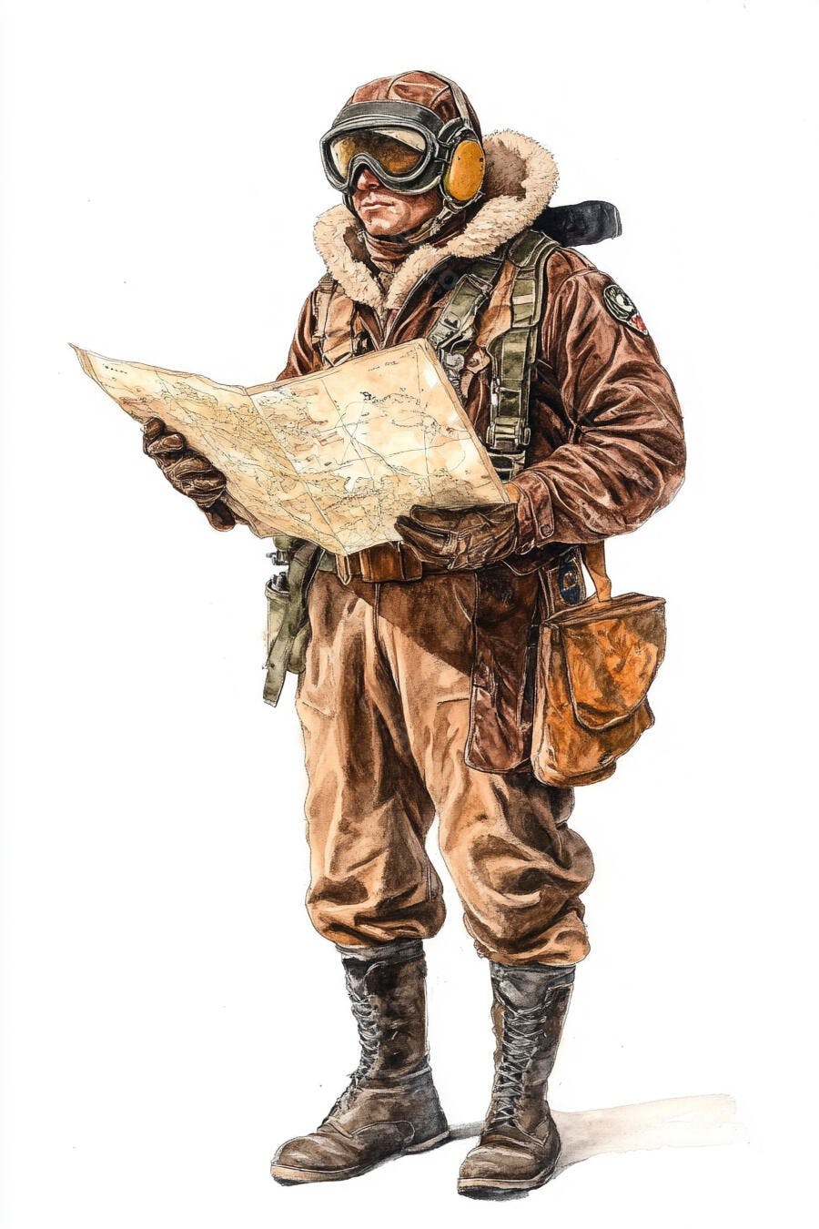 Aviador vintage com óculos e jaqueta de couro examinando mapa