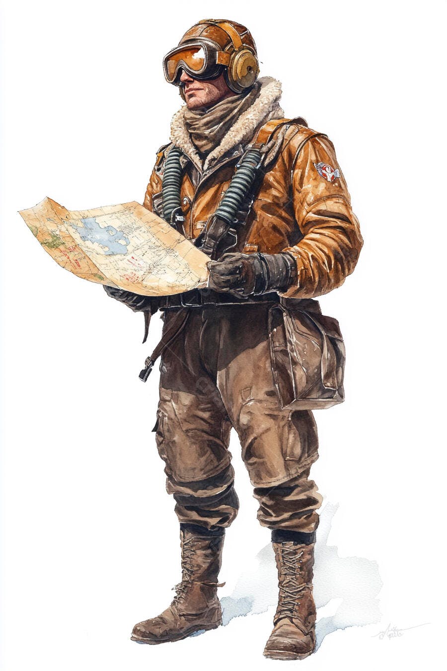 Aviador masculino caucasiano com roupa de couro lendo mapa antigo