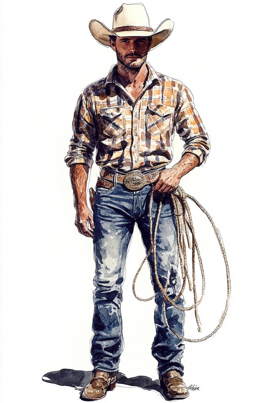 Cowboy caucasiano com chapéu bege camisa xadrez jeans azul e laço estilo aquarela