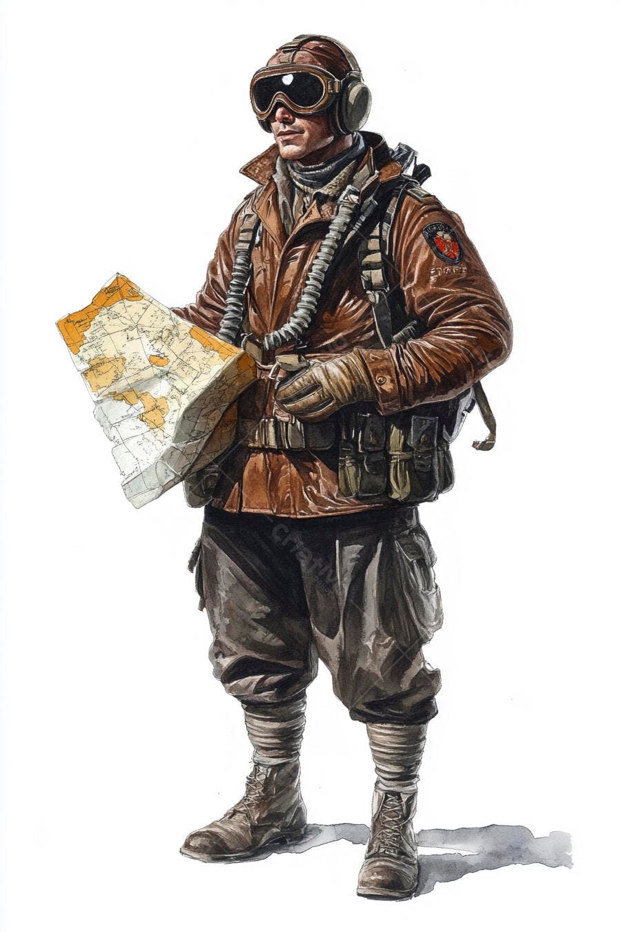 Piloto aviador caucasiano de jaqueta marrom lendo mapa vintage