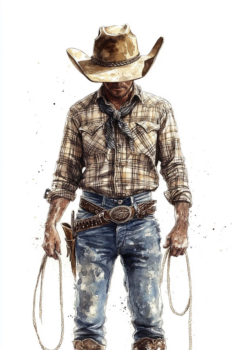 Homem cowboy robusto em aquarela com chapéu e laço no Velho Oeste