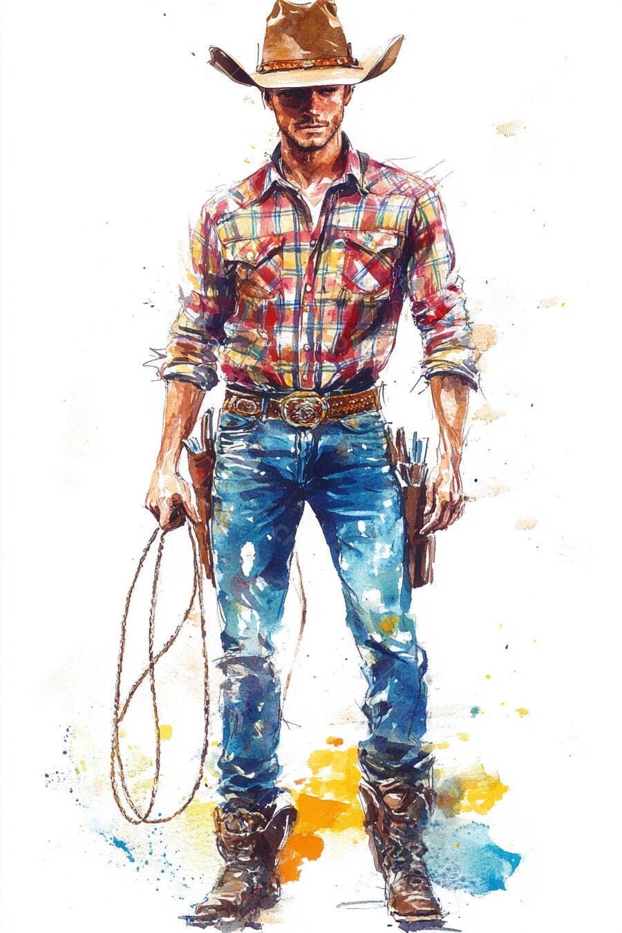 Cowboy caucasiano com laço e ferramentas de arte em aquarela vibrante
