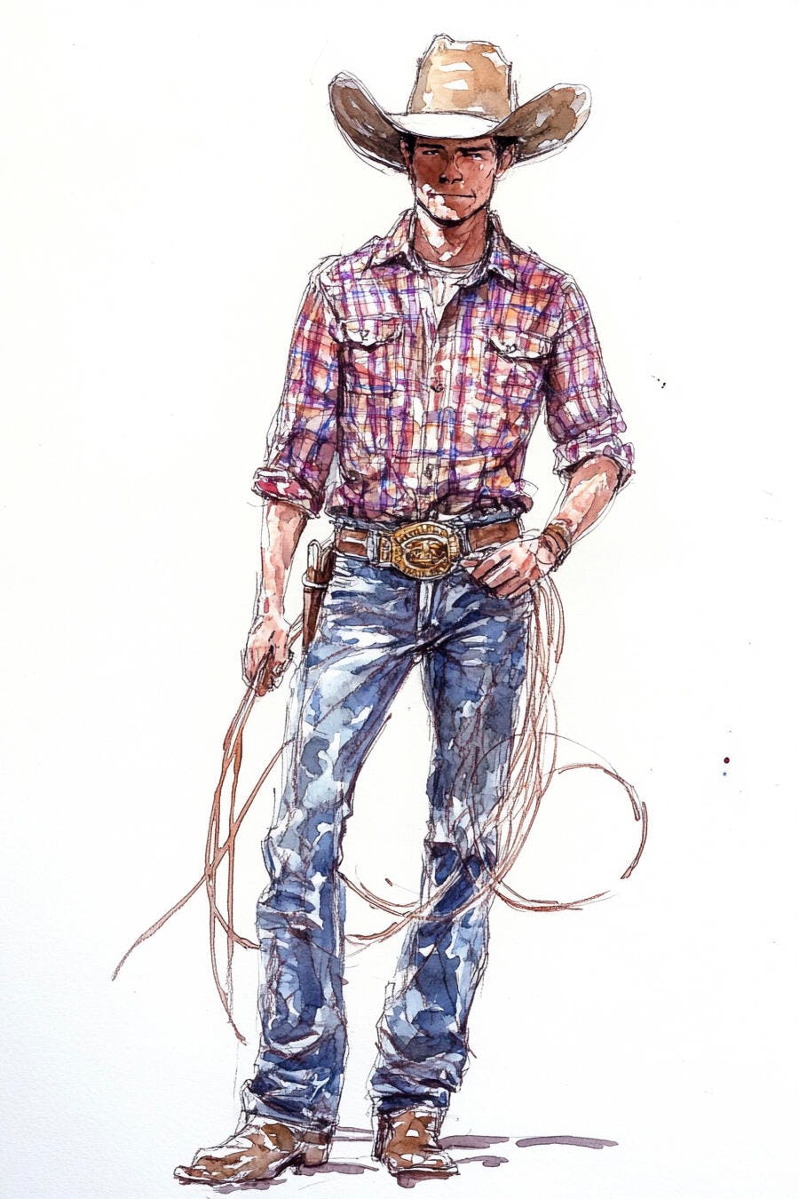 Cowboy com chapéu camisa xadrez e laço em aquarela estilo ilustração