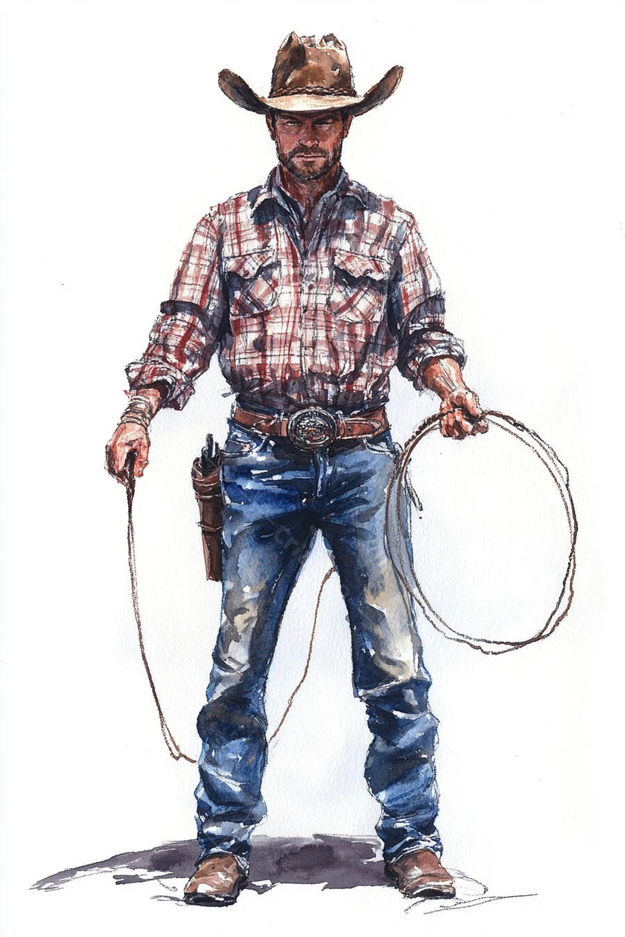 Cowboy caucasiano com chapéu e laço em ilustração aquarela estilo Faroeste
