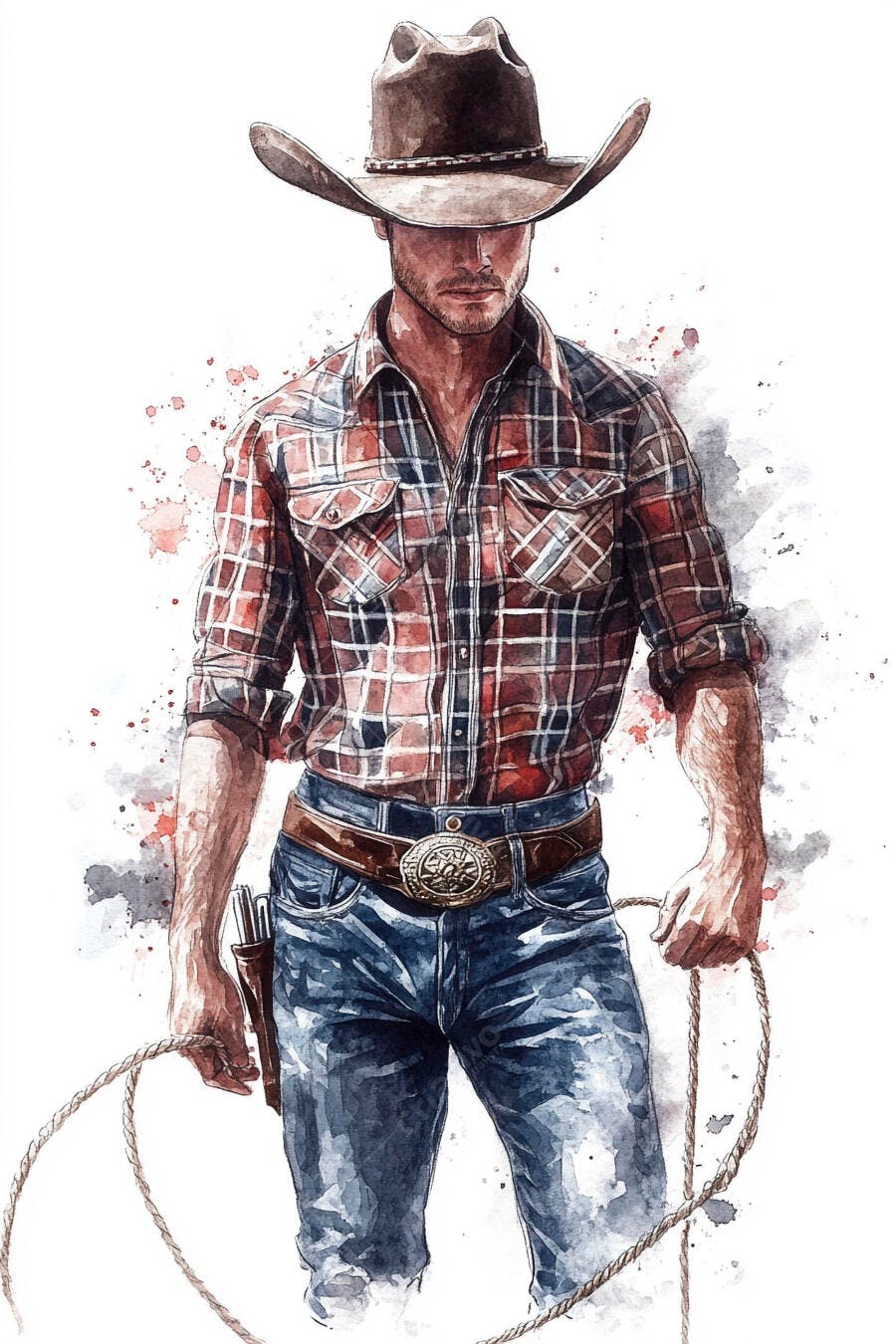 Homem cowboy em aquarela camisa xadrez chapéu laço