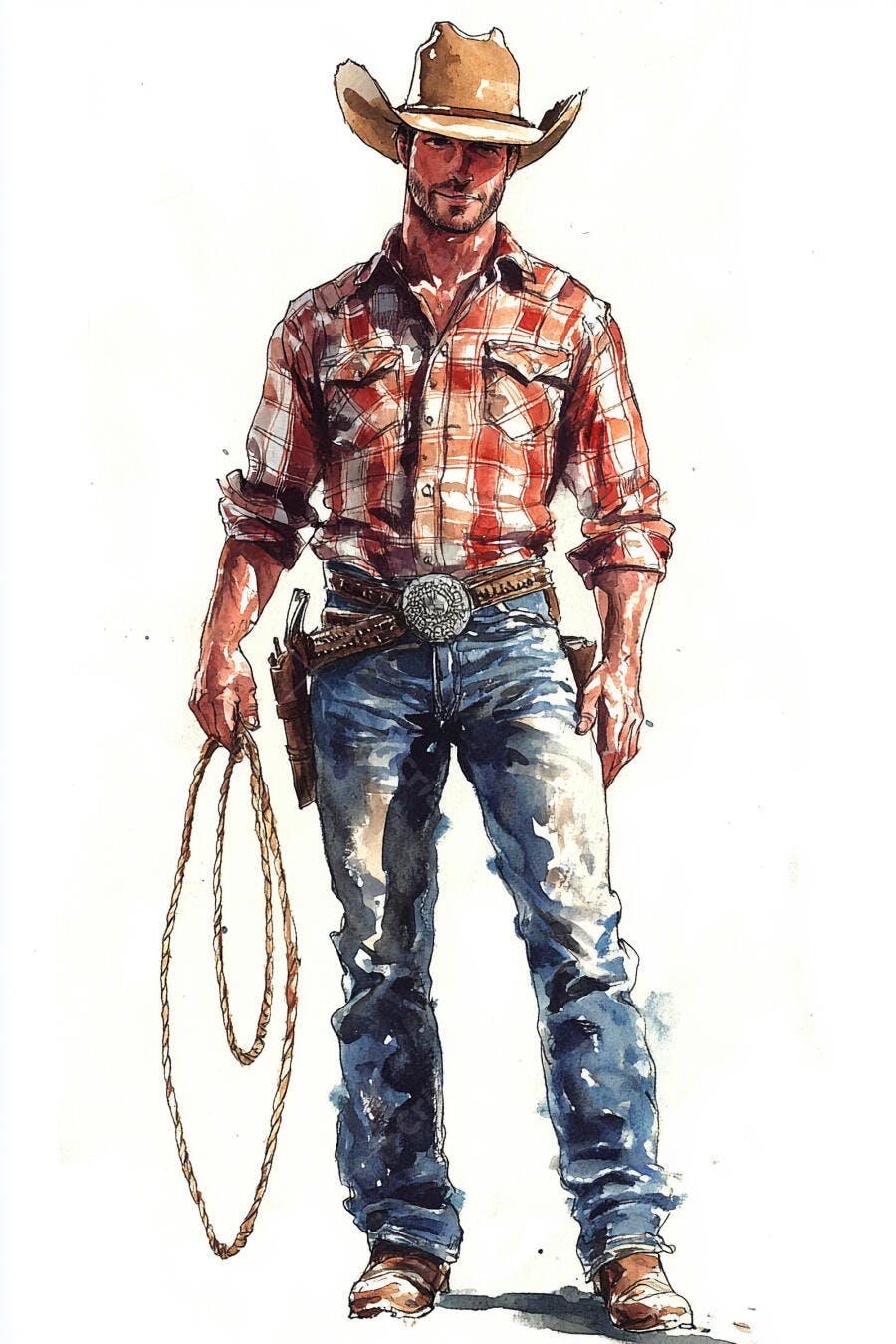 Cowboy homem forte com chapéu e laço na mão em aquarela estilo faroeste