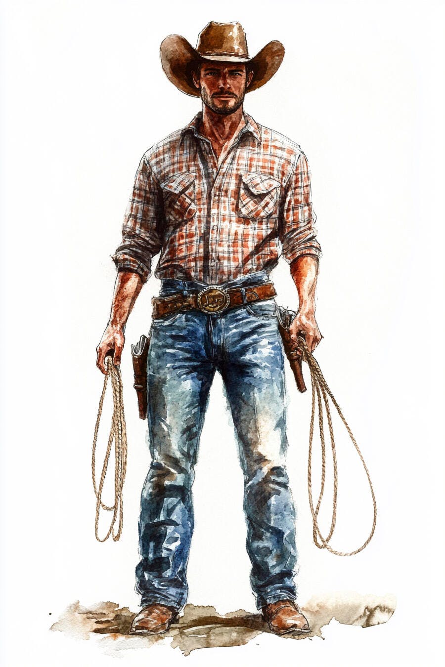 Cowboy robusto com chapéu marrom camisa xadrez e laço em aquarela