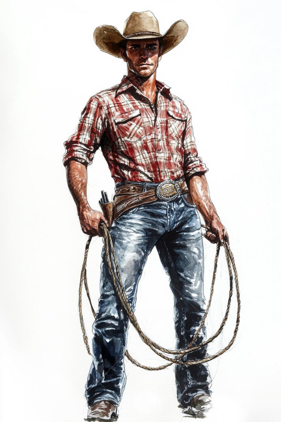 Cowboy caucasiano camisa xadrez chapéu marrom e laço arte tradicional