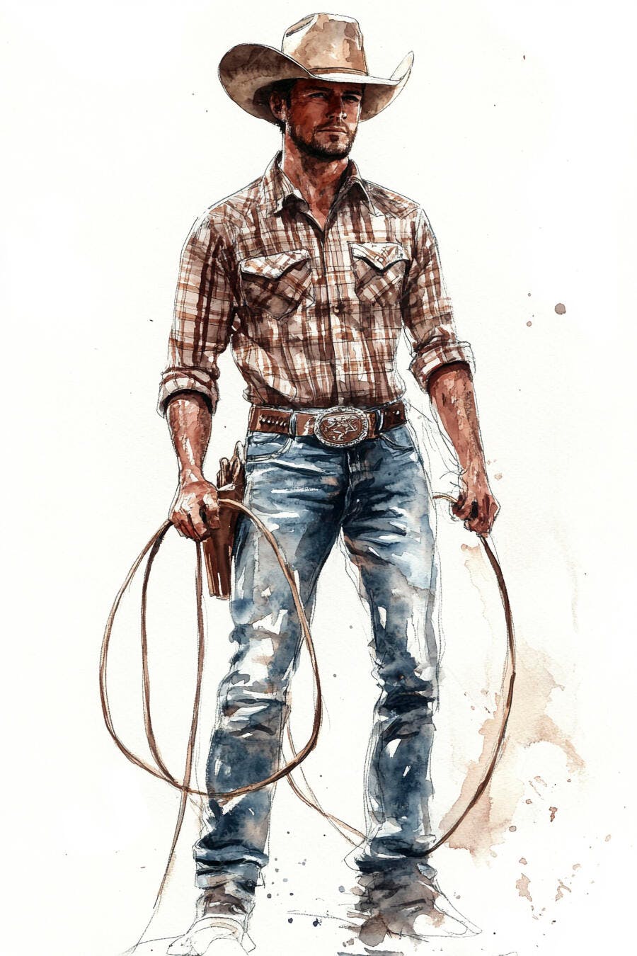 Cowboy caucasiano com chapéu marrom, camisa xadrez, laço e jeans
