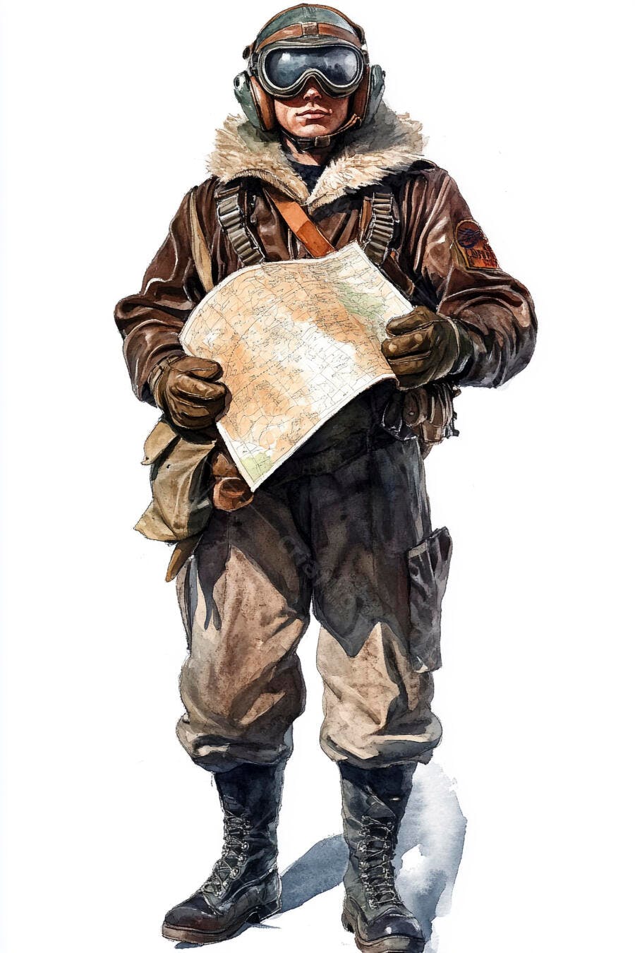 Piloto aviador masculino em jaqueta de couro segurando mapa de navegação