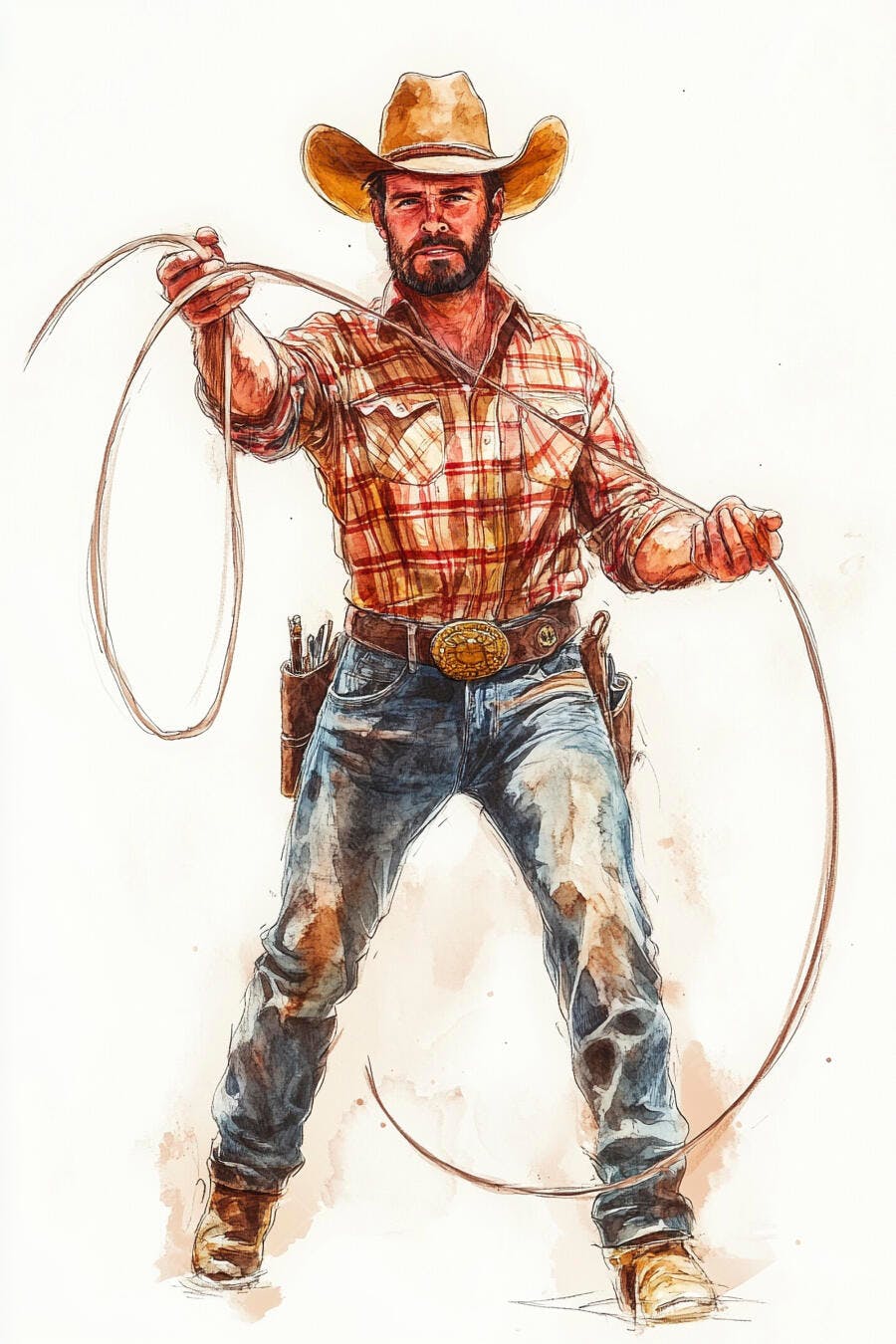 Cowboy barbudo com chapéu e camisa xadrez segurando um laço