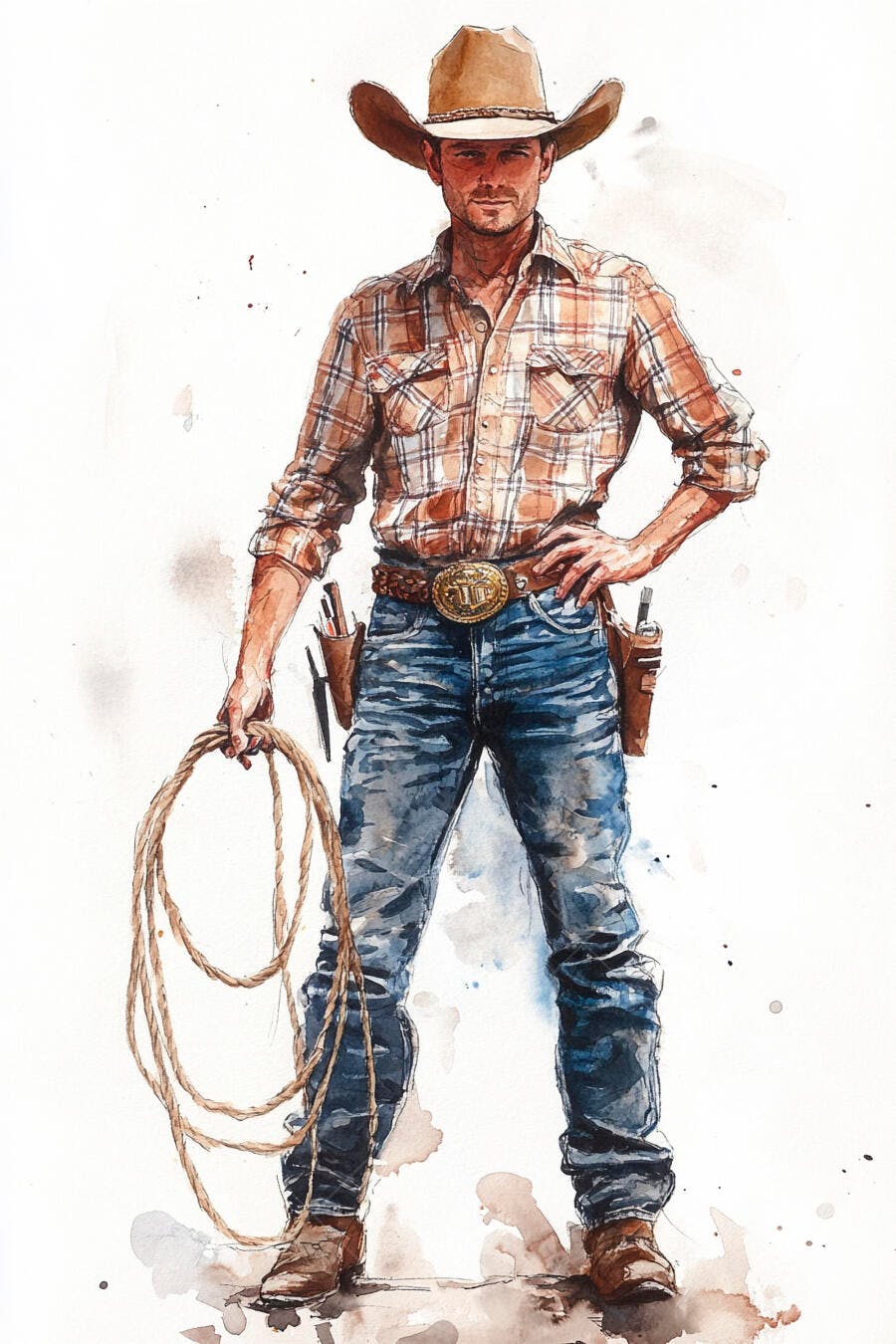 Vaqueiro caucasiano com chapéu laço e camisa xadrez marrom em aquarela