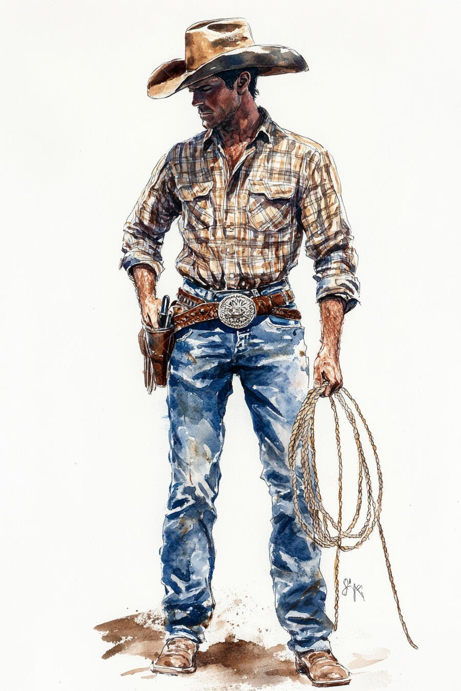 Cowboy com chapéu e laço em aquarela estilo faroeste