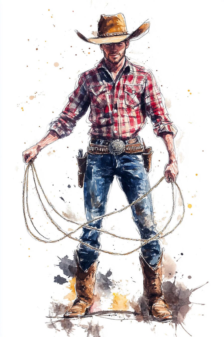 Cowboy com chapéu e laço em ilustração aquarela
