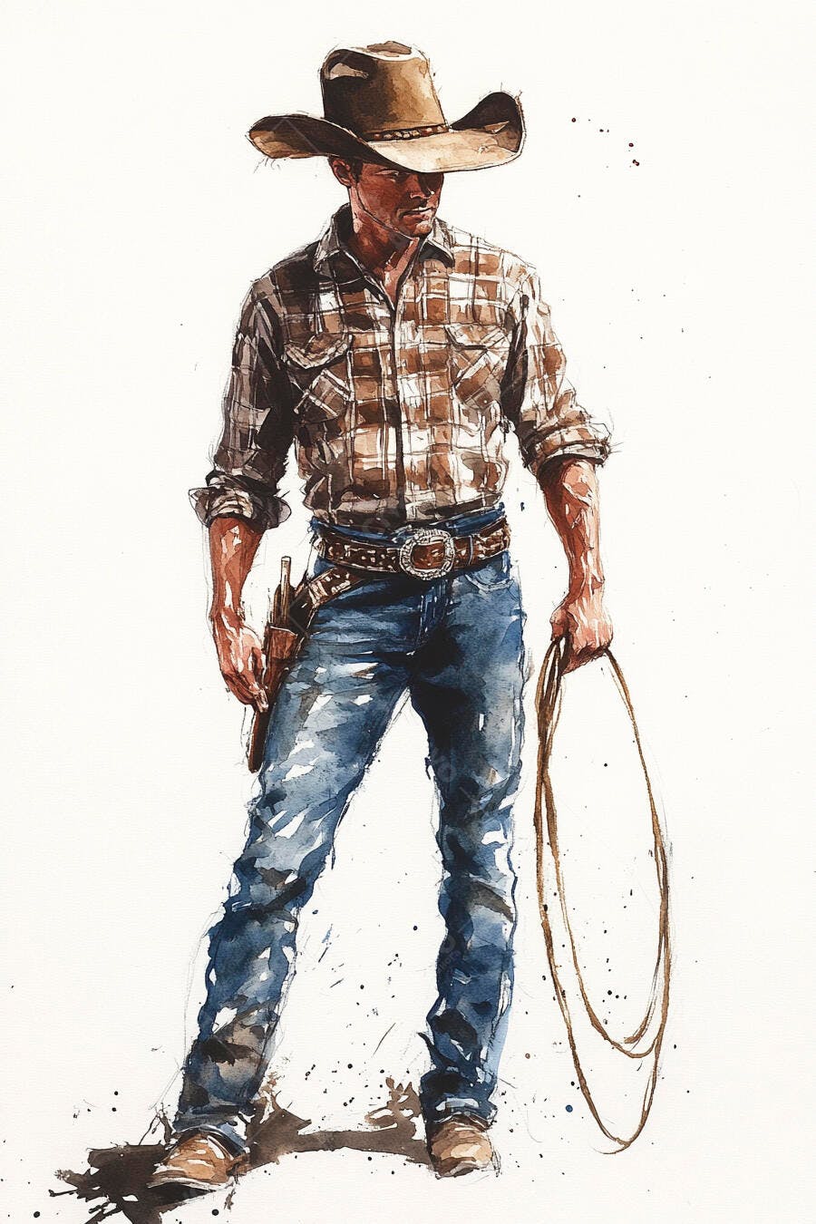 Cowboy de chapéu marrom camisa xadrez jeans azul e laço em aquarela