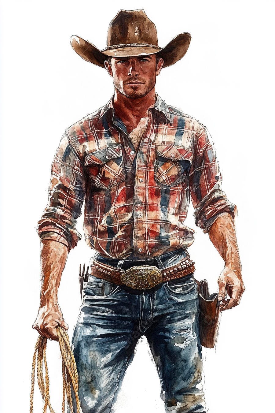 Cowboy caucasiano em ilustração aquarela com chapéu e laço na mão