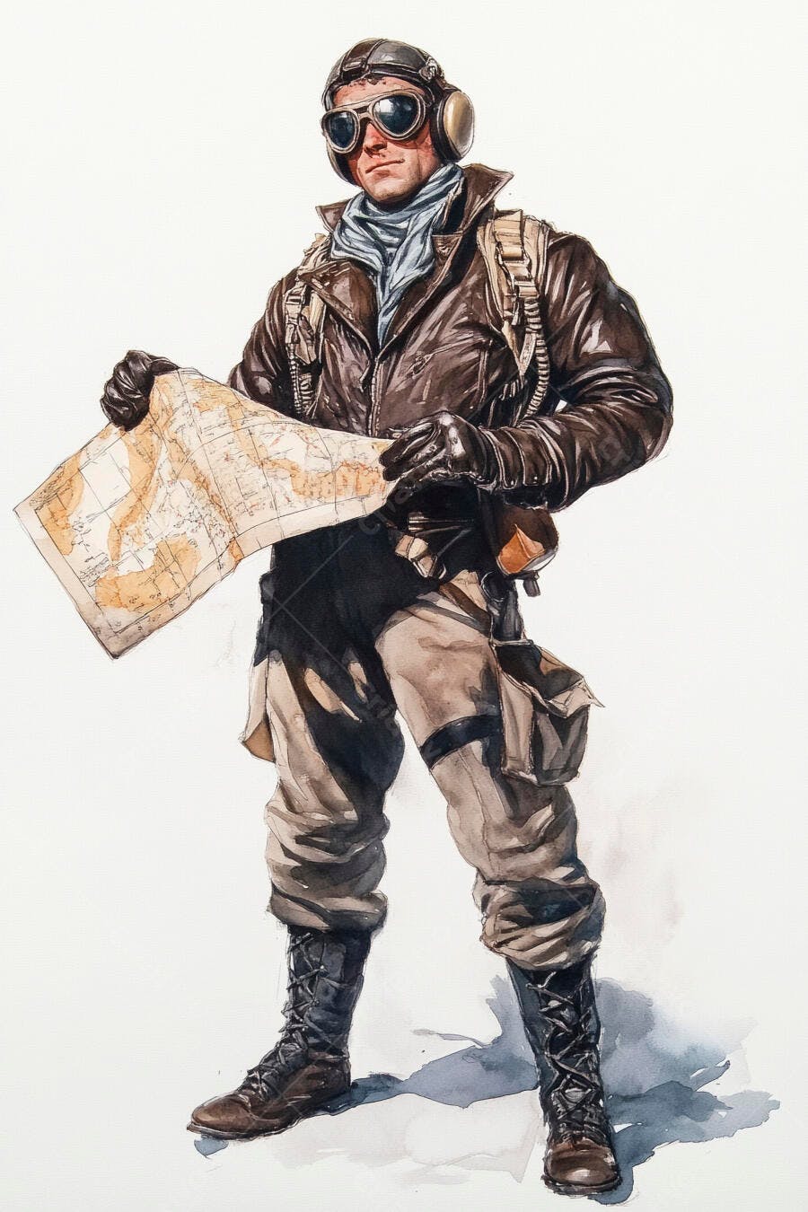 Piloto aviador vintage com jaqueta de couro e mapa em mãos