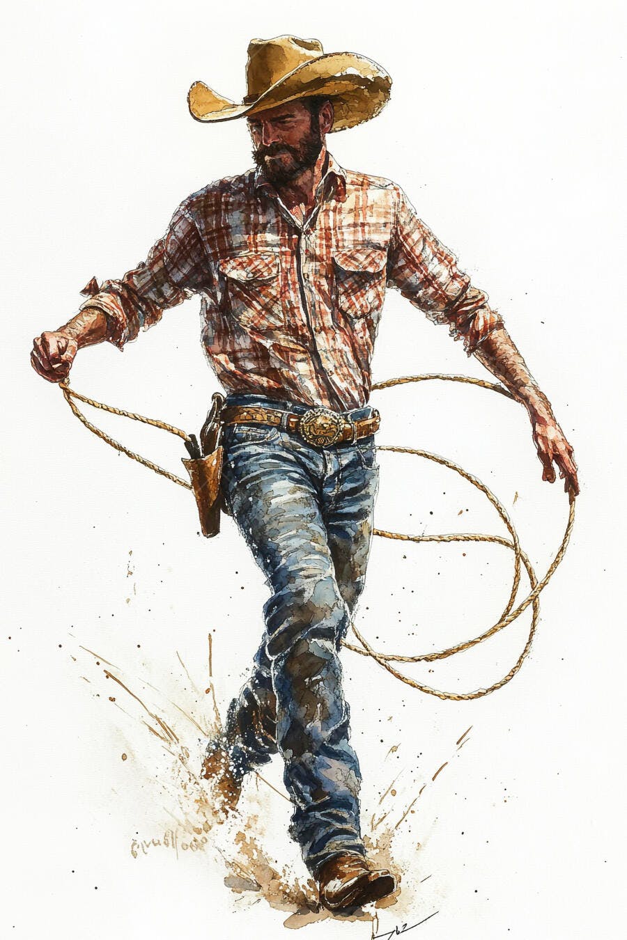 Cowboy barbudo em camisa xadrez caminhando com laço ilustração aquarela