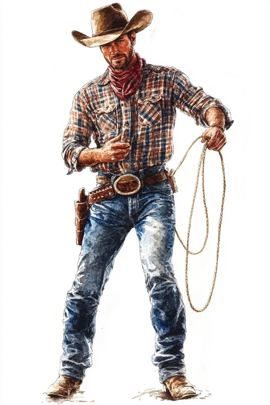 Cowboy robusto com chapéu laço e camisa xadrez em estilo faroeste