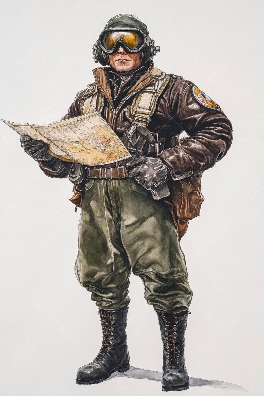 Piloto militar caucasiano em uniforme vintage lendo mapa de navegação