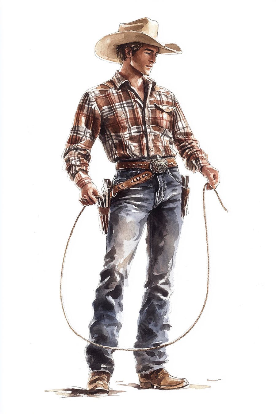 Cowboy jovem com camisa xadrez chapéu e jeans segurando laço