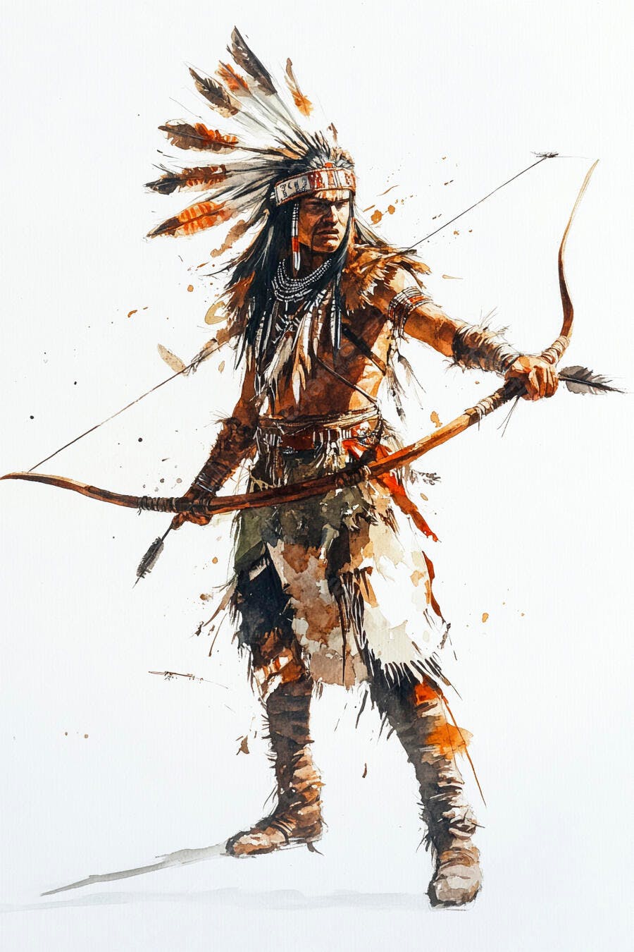 Guerreiro nativo americano com cocar de penas arco e flecha aquarela