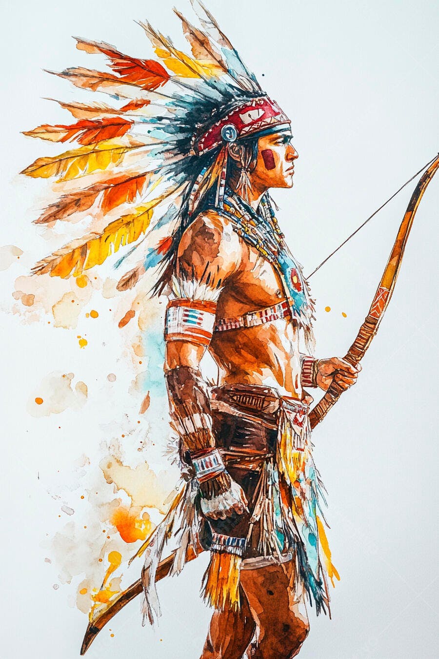 Homem indígena guerreiro com cocar de penas e arco arte em aquarela