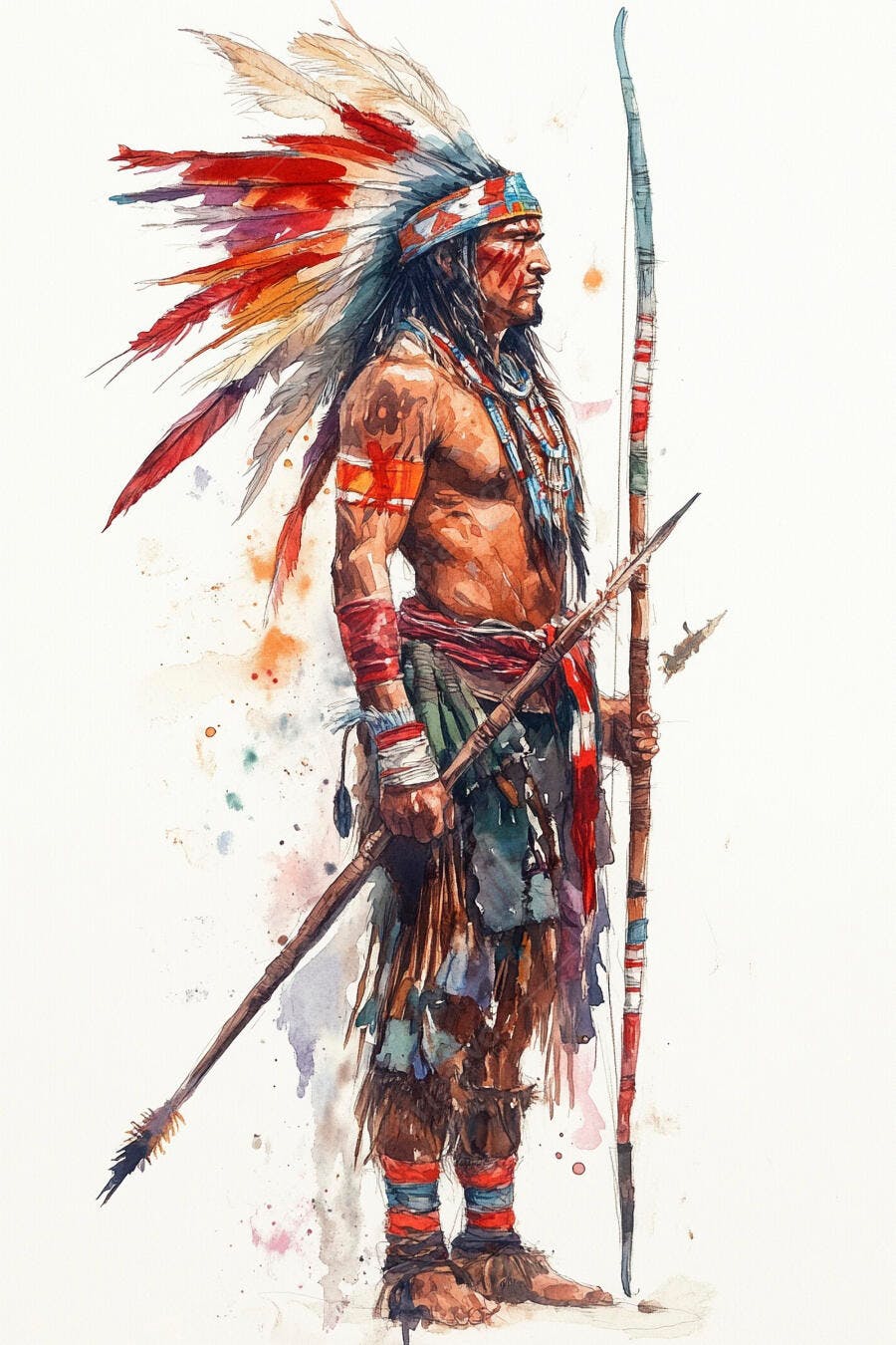 Guerreiro Nativo Americano com cocar de penas coloridas e arco e flecha aquarela
