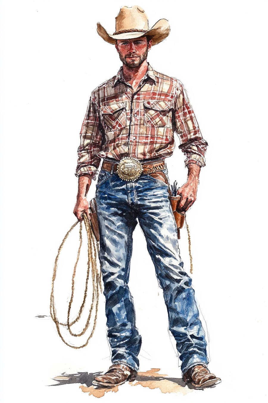 Cowboy caucasiano de chapéu camisa xadrez e jeans com laço pintura aquarela