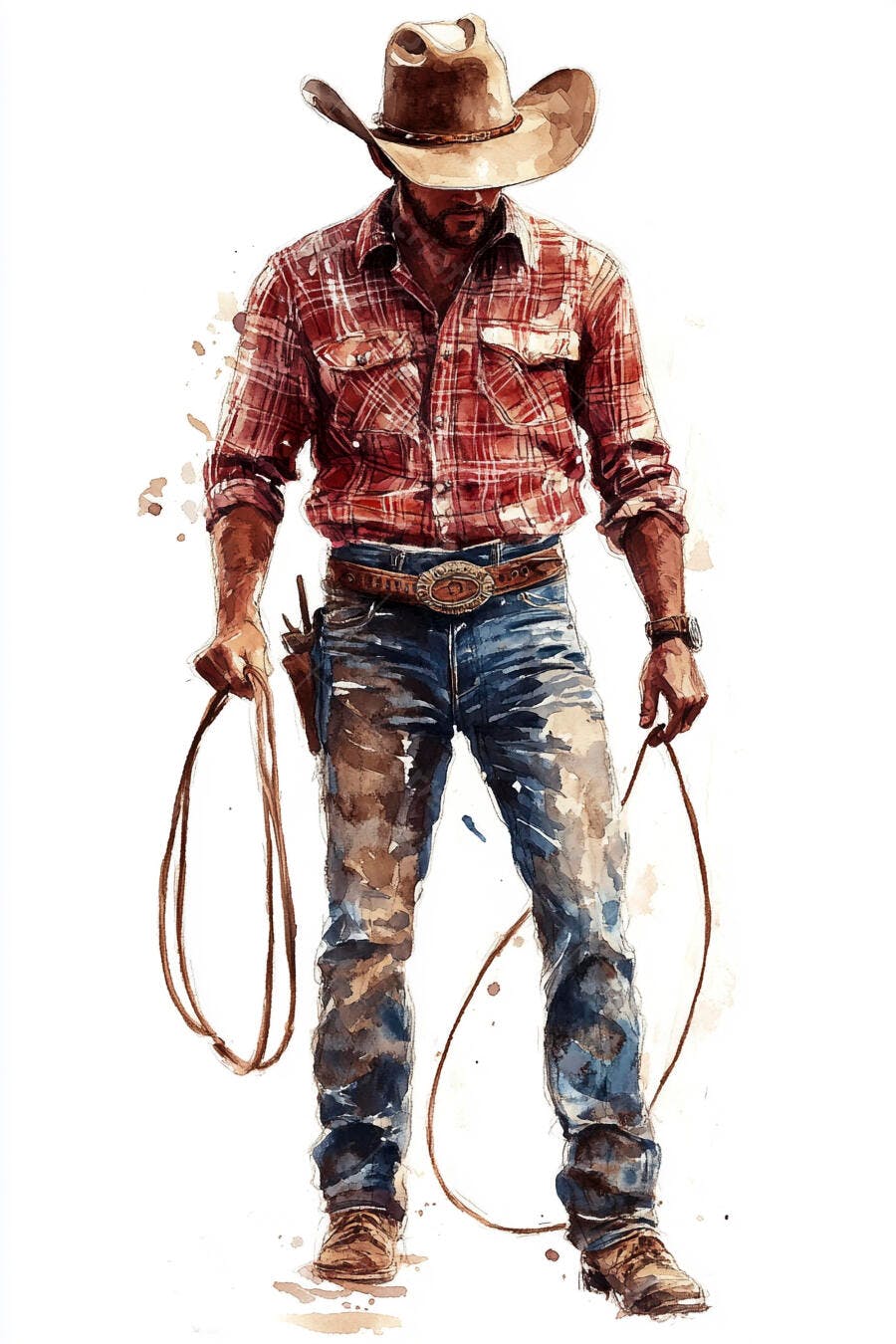 Cowboy com chapéu e camisa xadrez segurando laço aquarela