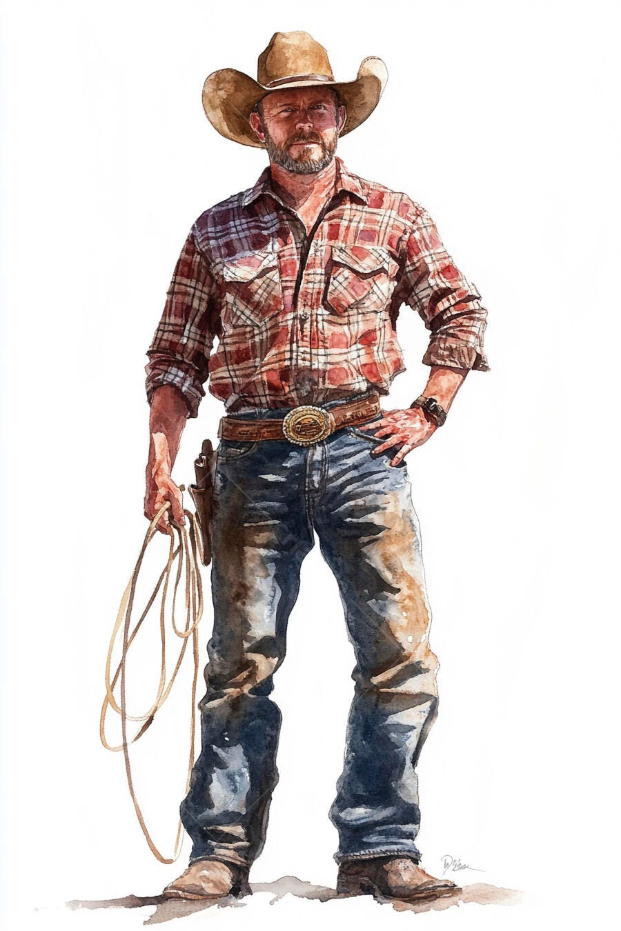 Cowboy caucasiano barbudo de chapéu marrom e camisa xadrez com laço em aquarela