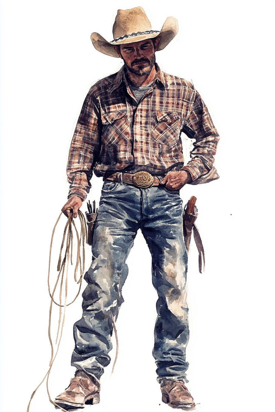 Cowboy caucasiano de chapéu e camisa xadrez segurando laço em aquarela