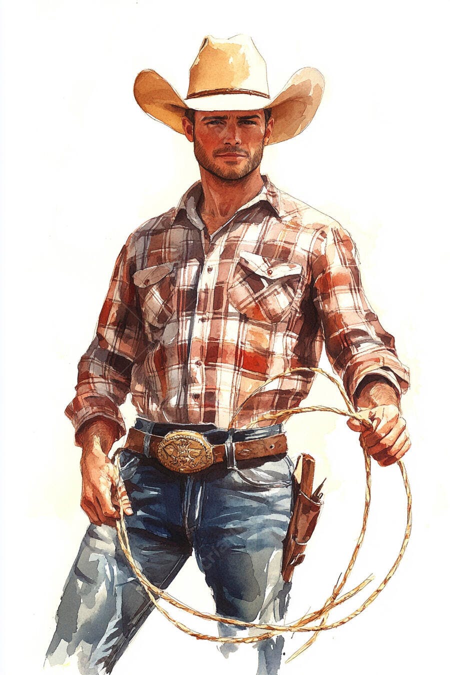 Homem cowboy de chapéu e camisa xadrez segurando um laço em aquarela