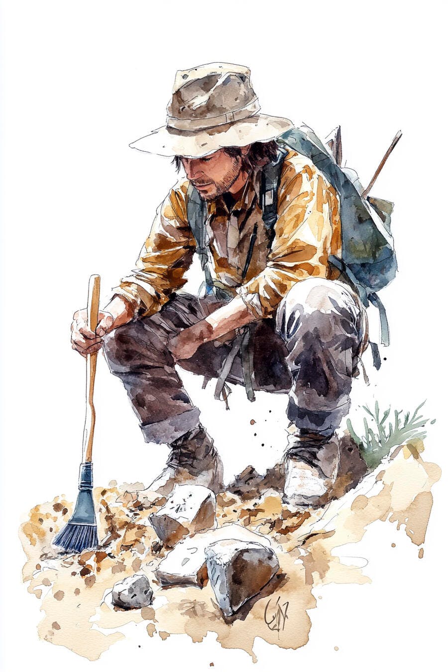 Homem arqueólogo de chapéu escavando em terreno rochoso aquarela