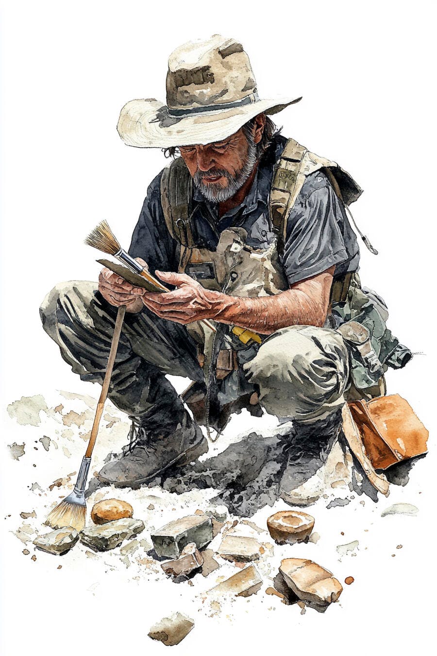 Arqueólogo com chapéu e barba escavando artefatos antigos em aquarela