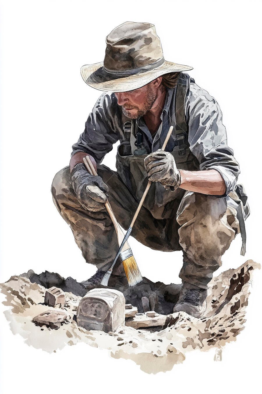Homem arqueólogo caucasiano escavando artefato antigo com pincel na terra cores terrosas