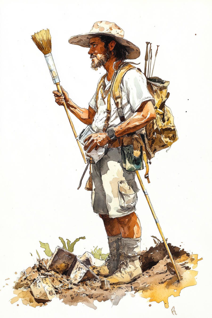Homem barbudo artista aventureiro com pincel chapéu mochila em aquarela