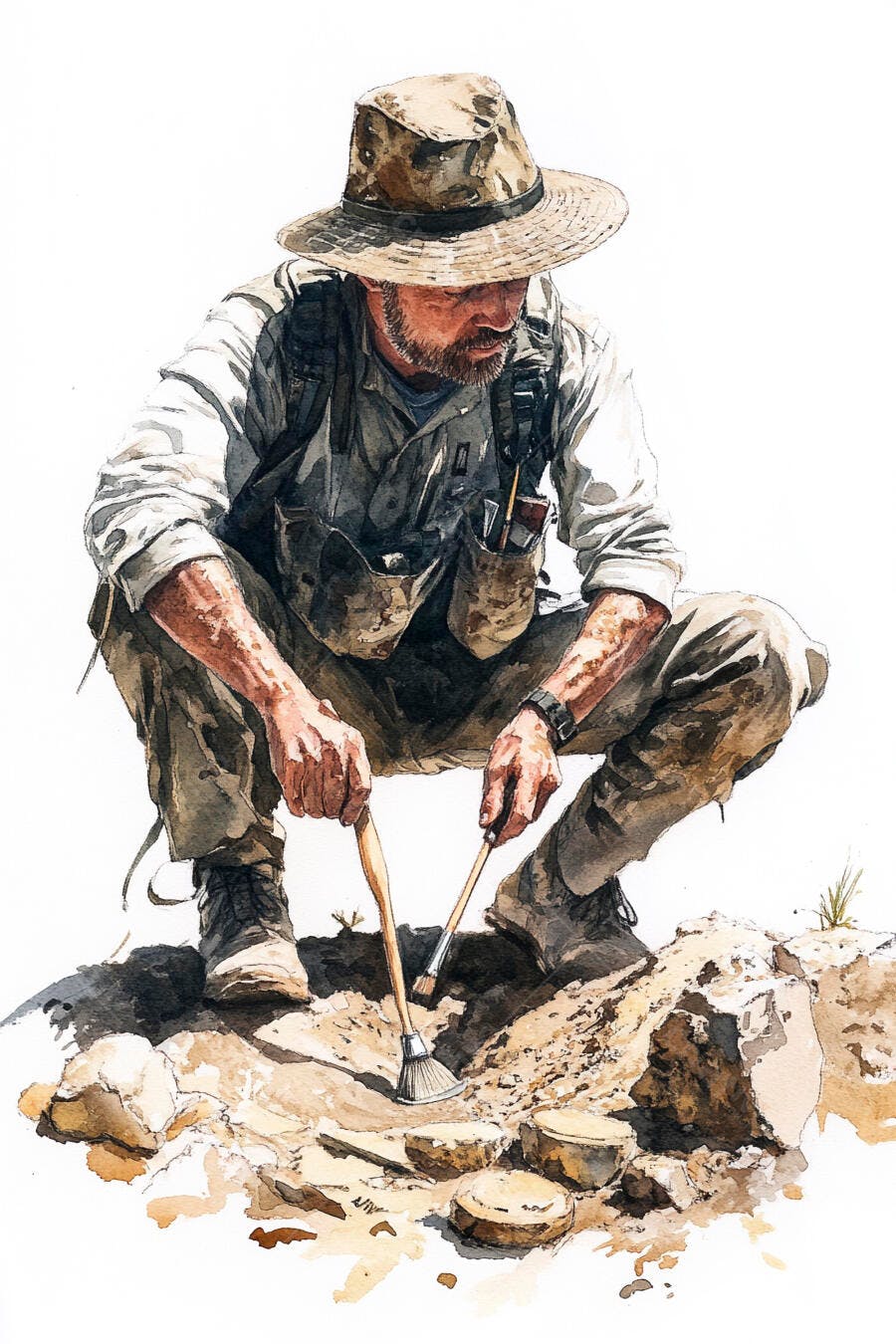 Arqueólogo barbudo em chapéu escavando artefatos antigos pintura aquarela
