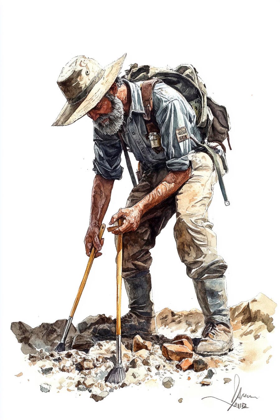 Arqueólogo idoso com barba e chapéu escavando em terreno rochoso aquarela