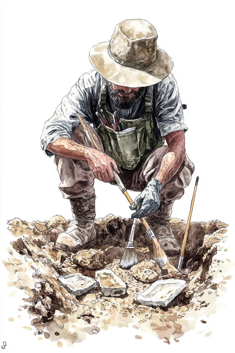 Arqueólogo barbudo caucasiano em chapéu escavando artefato de terra marrom