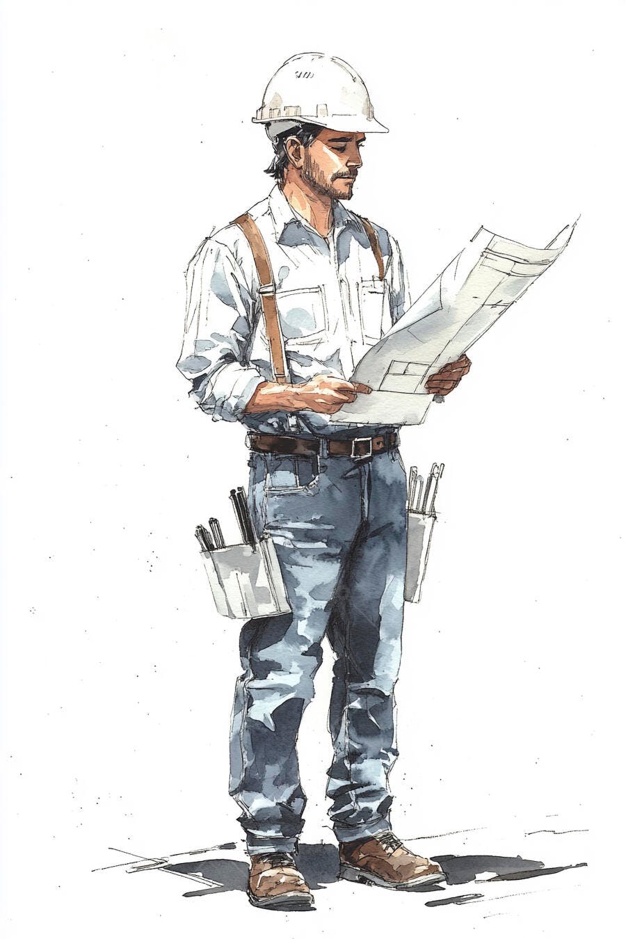 Homem engenheiro lendo planta de construção com capacete branco e jeans azul
