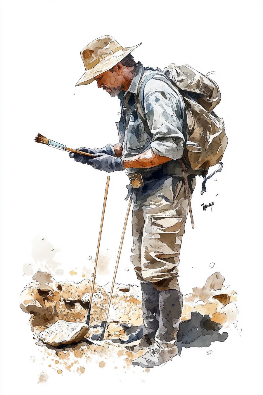 Arqueólogo homem examinando relíquia com pincel em sítio de escavação arte aquarela