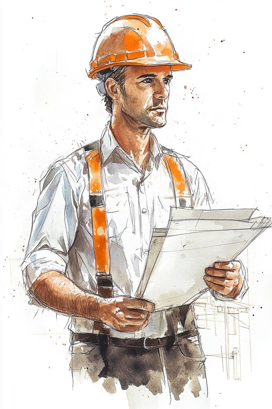 Engenheiro homem com capacete laranja segurando plantas de construção