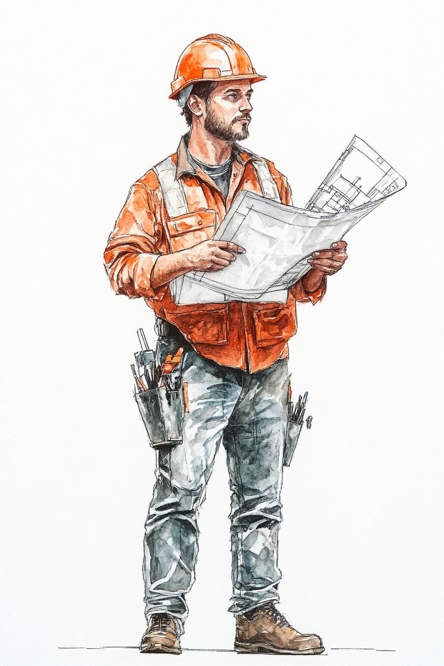 Trabalhador da construção civil com capacete laranja e planta